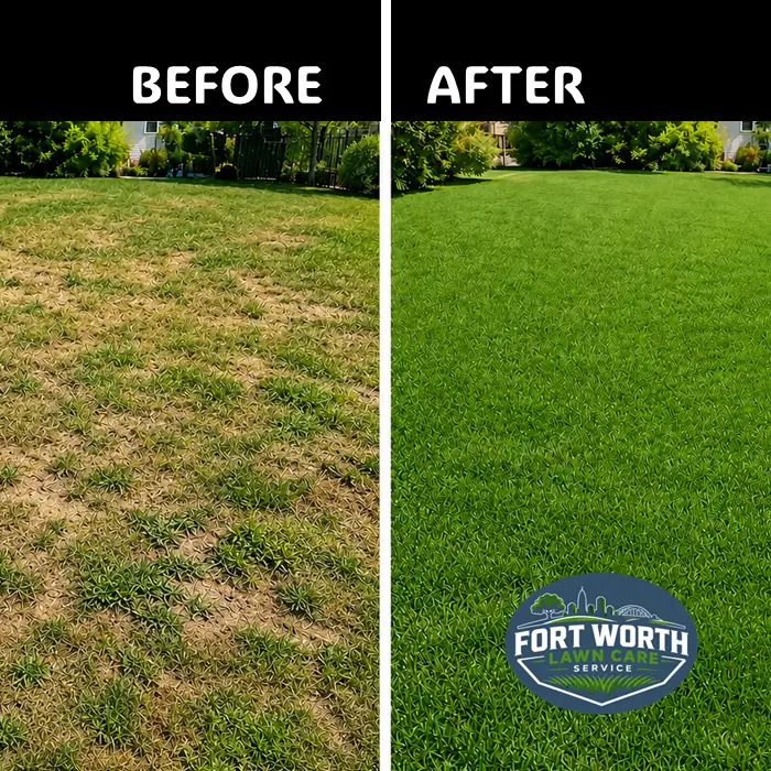 Lawn service treatment reduces weeds and strengthens grass. Results shown in before and after lawn service treatments.